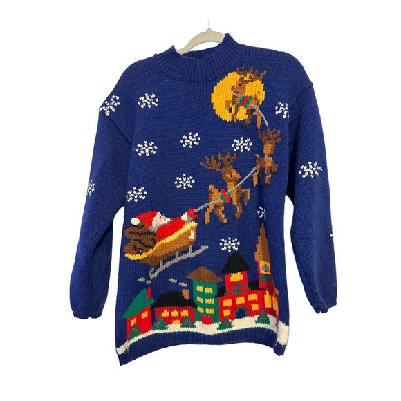 Karen Scott Sweaters - 90s KAREN SCOTT CHRISTMAS Sweater Santa Reindeer Holiday Village Women’s Snow Sm